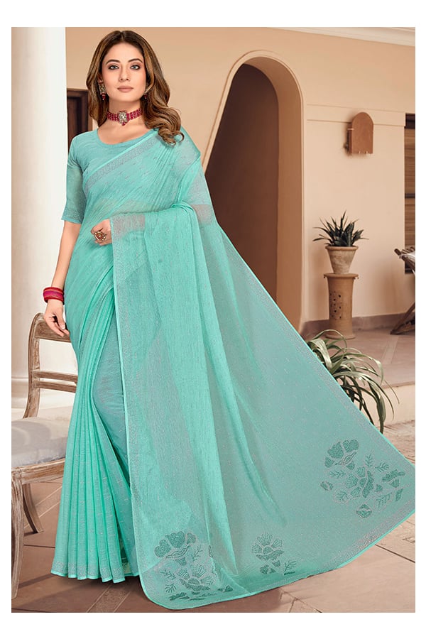 Turquoise Embellished Shimmer Chiffon Saree