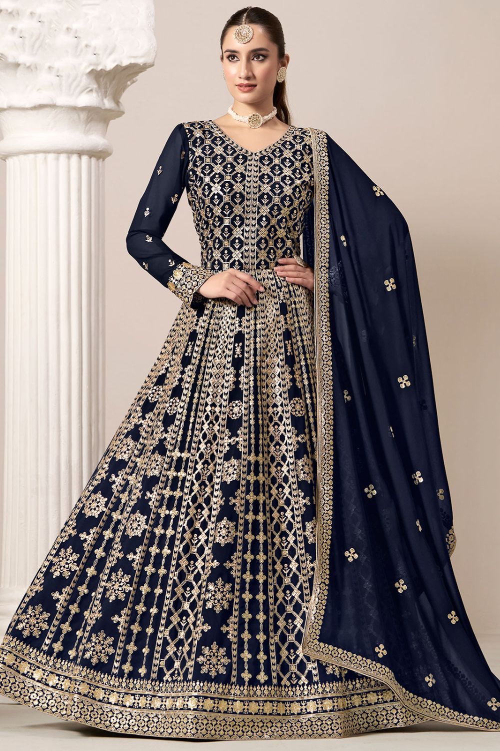 anarkali dress navy blue Women's Blue Georgette Plain Anarkali Set Blue / XL