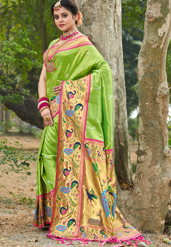 Amruta Parrot Green & Red : Soft Silk Muniya Paithani Saree