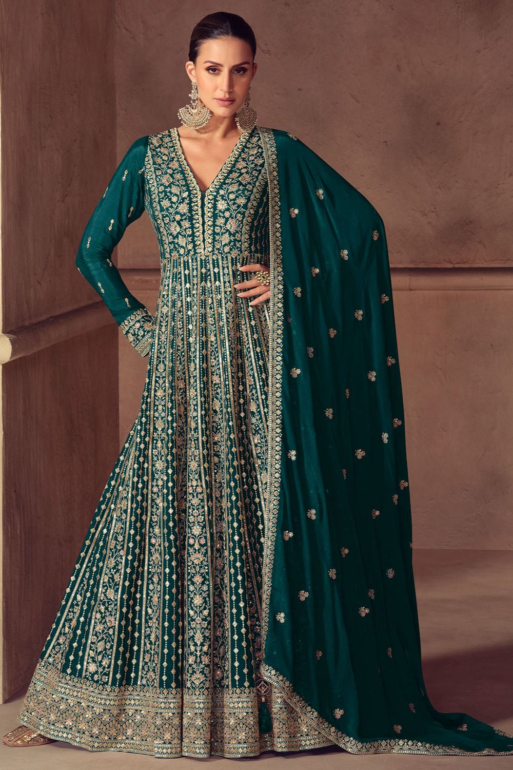 Buy Peacock Green Embroidered Chinnon Anarkali Gown with Dupatta Online