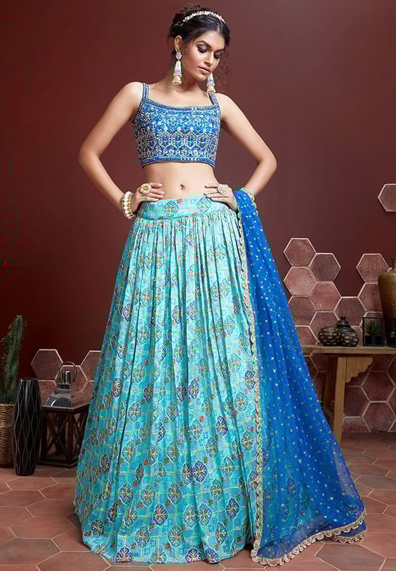 Pink and Blue Designer Velvet and Organza Hand Embroidered Bridal Lehenga
