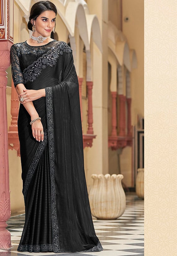 Black Saree with Designer Embroidered Blouse - SA352414