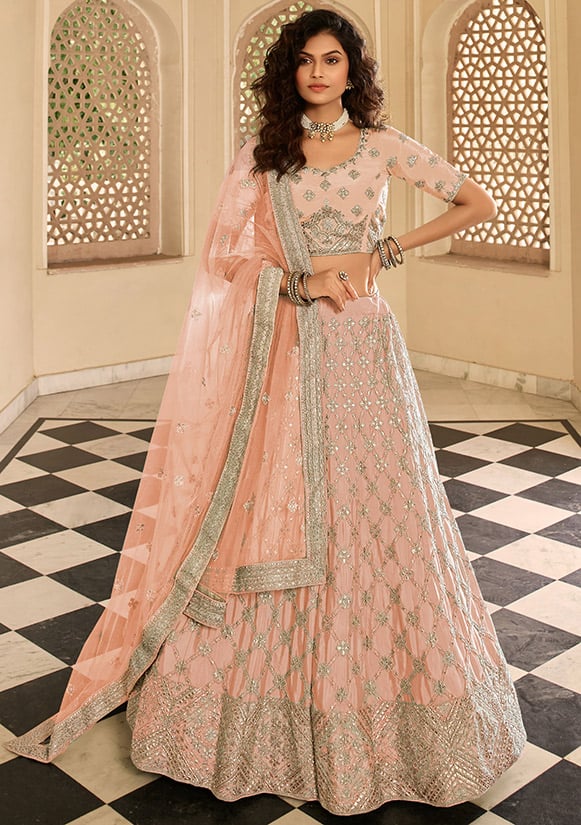 Buy Peach Embroidered Silk Bridal Lehenga Choli Online by EthnicPlus