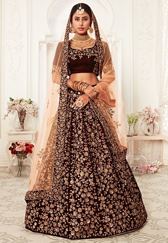 Pink Velvet Embroidered Lehenga Choli With Dupatta 2433LG06