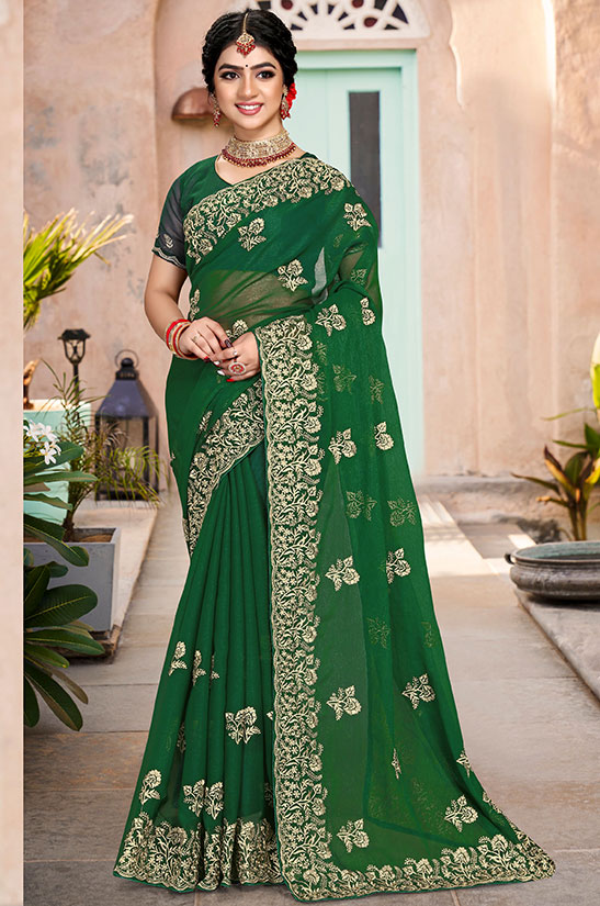 Kelly Green Silk Shimmer Embroidered Saree - NRF42907